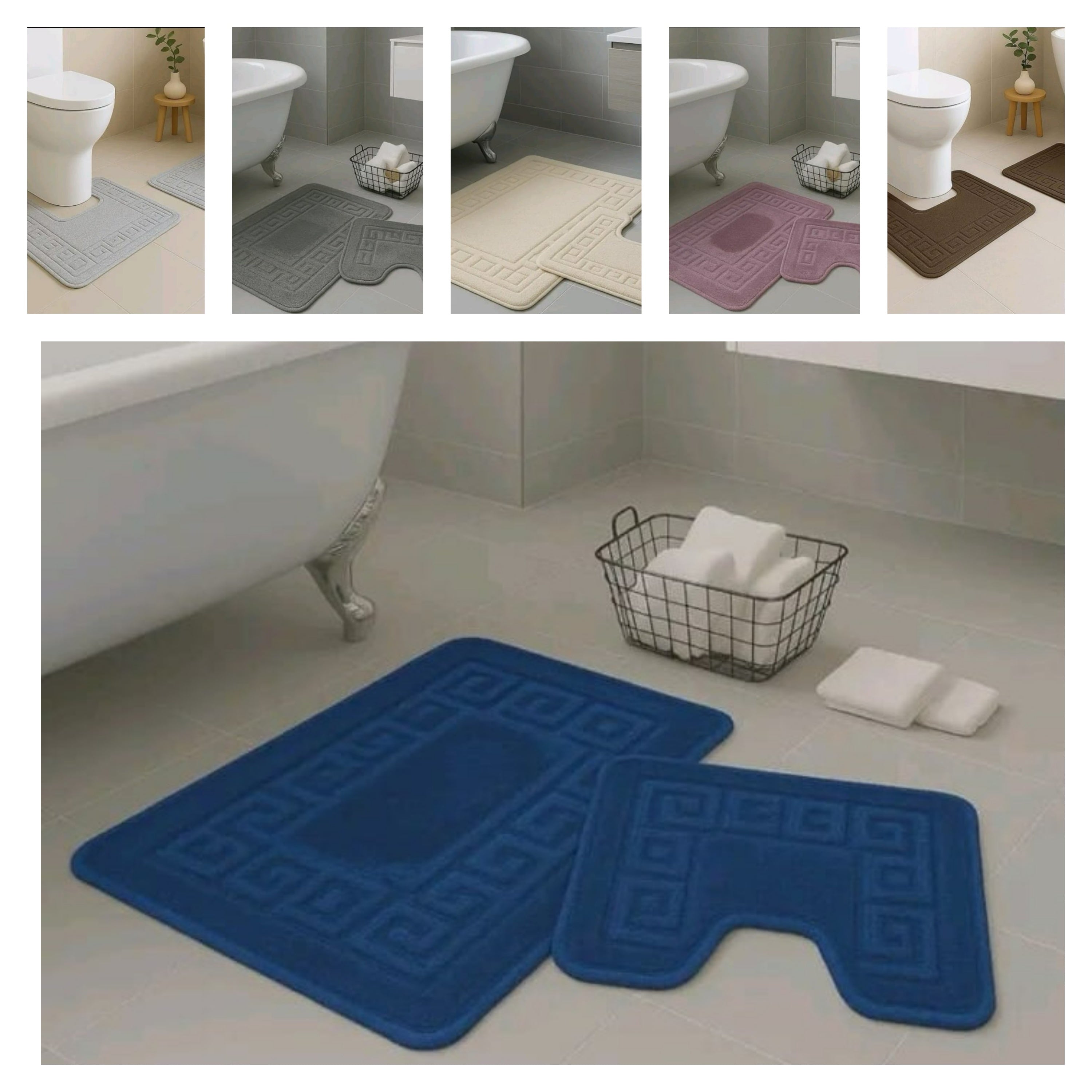 GREEK STYLE BATH MAT PEDESTAL SET NON SLIP TOILET BATHROOM RUGS 2 PIECE